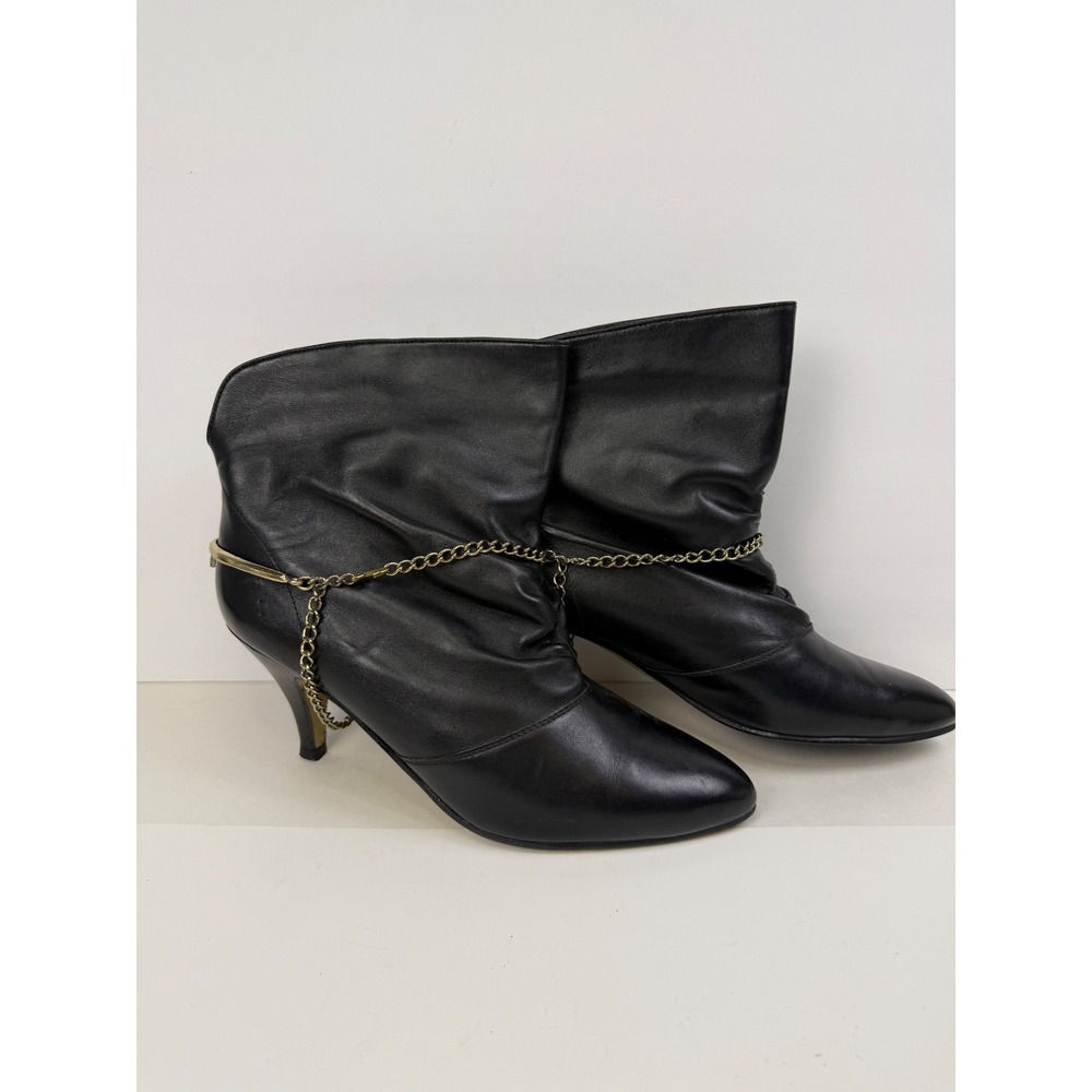 Vintage Black Leather Slouch Ankle Boots Gold Chain Spur Detail Kitten Heel